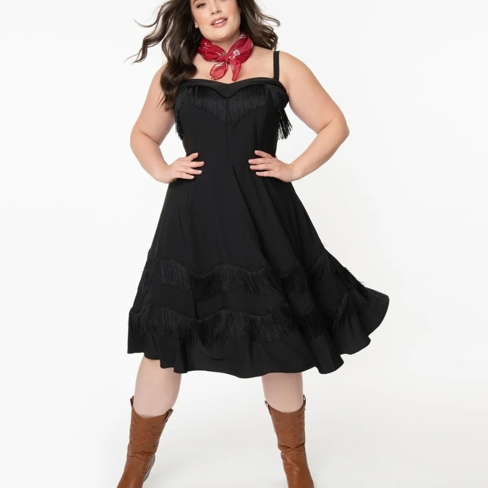 Unique Vintage Black Fringe Midi Dress